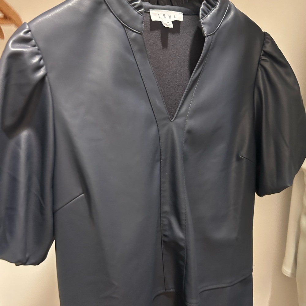 Black Faux Leather Puff Sleeve Top